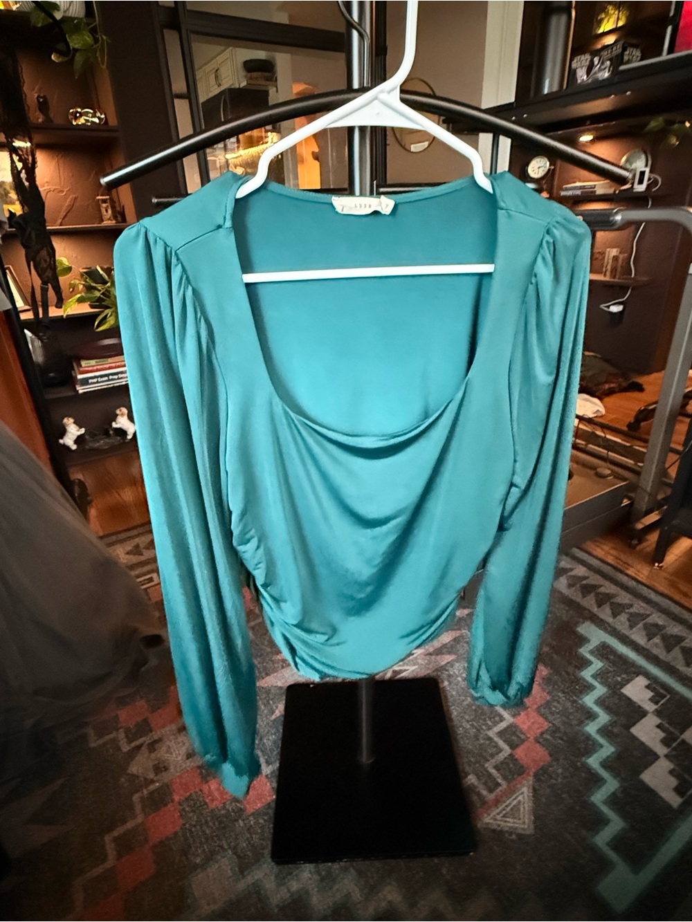 Lush Teal Satin Square-Neck Long Sleeve Blouse